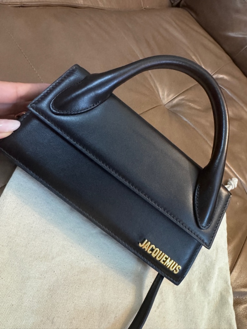Jacquemus The Long Chiquito Black Mini Top-Handle Leather Bag with Gold Logo